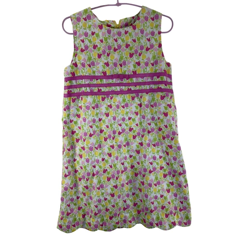 VTG Lilly Pulitzer Pink Yellow Tulip Easter Dress Scalloped Sleeveless Girls 6